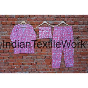 Indian 100% Pure Cotton Pajama Set, Women Cotton Pj&#39;s, Soft Cotton Pajama Set, Flower Print Pyjama Set, 3 Pieces Women Block Print Pj Set
