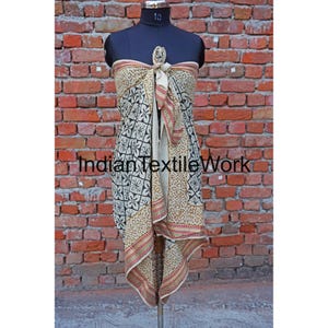 Floral Block Print Cotton Sarong: Indian Beach Wrap