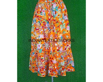 Orange Floral Hippie Women Wear Wrap Skirt/ Indian Cotton Hand Block Printed Cotton Skirt/ Natural Fiber Elastic Waistband Cotton Skirt