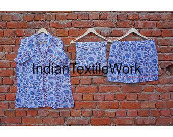 Indian Cotton Short Pajama Set: Block Print Women's Nightwear