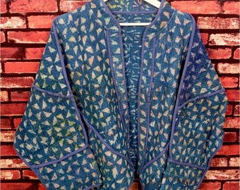 Reversible Kantha Jacket Indian Vintage Bagru Patchwork Coat Bohemian Hippie Quilted Cotton Blazer One Size Fashion