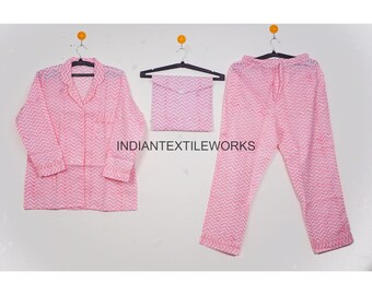 ZIG ZAG Printed Women Cotton Dress, Hand Block Printed Shirt Pant With Bag, Indian 100% Pure Cotton Pajama Set, Ultra Soft Cotton Pyjama Set