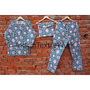 Block Print Cotton Pajama Set: Women&#39;s Summer Sleepwear with Bag