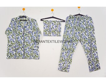 New Floral Print Cotton Pyjama Set, Women Handmade Cotton Pajama Set, Indian Hand Block Printed Cotton Pyjama Set, Women Night Suit with Bag