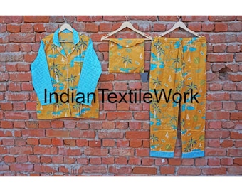 Block Gedruckt Baumwolle Pyjama Set: Leichter Damen Nachtanzug
