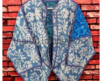 Indian Bagru Print Kantha Blazer Reversible Vintage Boho Hippie Patchwork Coat One Size Jacket