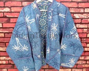 Vintage Bagru Kantha Jacket Handmade Reversible Bohemian Coat One Size