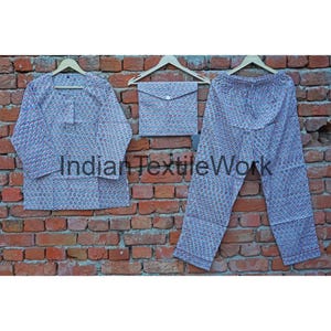 Soft cotton Pajama Suit, Block Print Pj Set, Indian Women Cotton Pj&#39;s, 100% Pure Cotton Pyjamas, Unique Printed Pajama Set, Set Of 3 Pieces