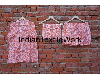 Indischer Block Print Baumwolle Pyjama Set: Floraler Sommernachtsanzug