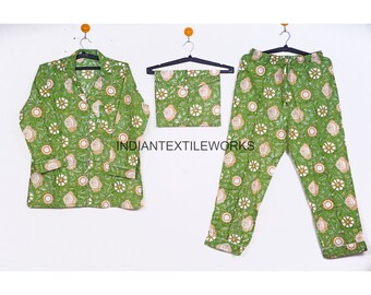 Indian Hand Block Printed Cotton Pj Set/ Bohemian Soft Pyjama Set/ Handmade Cotton Night Suit/ Natural Colors Hand Print Cotton Nightwear