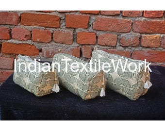 Block Print Quilted Cosmetic Bag Set: Cotton Travel Pouches