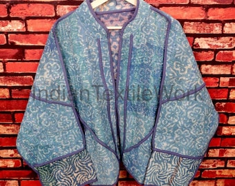 Boho Kantha Jacket Indian Vintage Bagru Coat Reversible Hippie Patchwork Cotton Blazer One Size Women