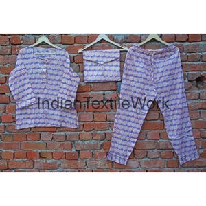 Indian Women Cotton Pj&#39;s, 100% Pure Cotton Pyjamas, Block Print Pj Set, Soft cotton Pajama Suit, Unique Printed Pajama Set, Set Of 3 Pieces