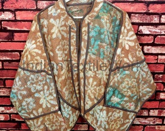 Indian Kantha Patch Jacket Vintage Bagru Reversible Boho Hippie Coat Cotton Blazer One Size Fashion Wear