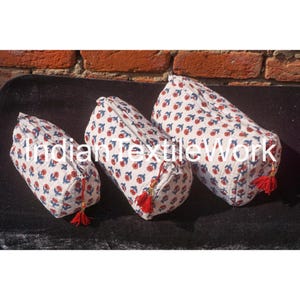 Floral Block Print Cotton Makeup Bag Set: Quilted Toiletry Travel Pouch