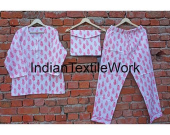 Cotton Block Print Pajama Set, Summer Night Suit