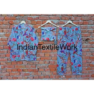 Bird Print Cotton Pajama Set: Indian Block Print Nightwear
