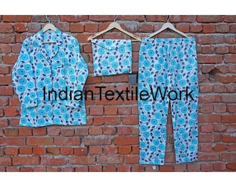 Blumendruck Baumwolle Pyjama Set: Indischer Block Print Nachtanzug