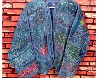 Vintage Indian Bagru Kantha Coat Handmade Reversible Boho Hippie Jacket Patch Assorted Quilted Blazer Festival Wear One Size