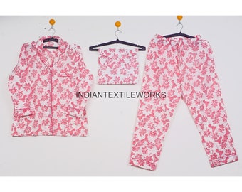 Hand Block Print Indian Printed Cotton Pyjama Set/ Women Cotton Pajama Lounge Wear/ Gifts for Her/ Night Suit with Bag  Pj Sets