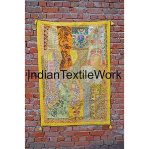 Vintage Indian Patchwork Tapestry: Beaded Cotton Boho Wall Decor