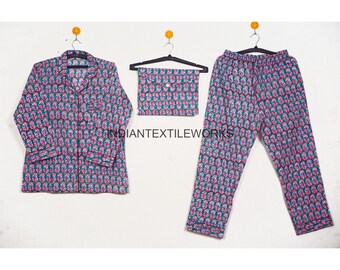 Express Shipping Cotton Pajama Set, Hand Block Printed Shirt Pant With Bag, Floral Printed Women Cotton Dress, Ultra Soft Cotton Pyjama Set