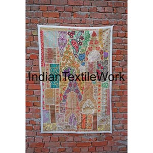 Vintage Patchwork Tapestry: Indian Beaded Wall Hanging (40&quot;x58&quot;)