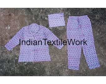 Floral Baumwolle Pyjama Set: Indischer Block Print Nachtanzug