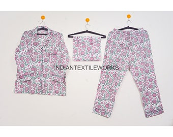 100% Cotton Women Cotton Pajama Lounge Wear/ Hand Block Print Indian Printed Cotton Pyjama Set/ Gifts for Her/ Night Suit with Bag  Pj Sets