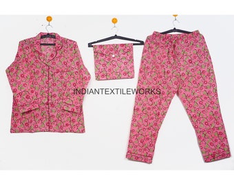 Bohemian Soft Pyjama Set/ Natural Colors Hand Print Cotton Nightwear/ Indian Hand Block Printed Cotton Pj Set/ Handmade Cotton Night Suit