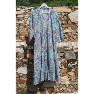 Block Print Cotton Midi Dress: Women&#39;s Summer Tiered Dress