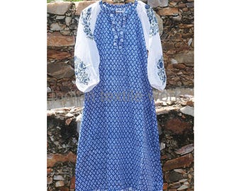 Indian Block Printed Cotton Dress: Boho Floral Maxi with Pockets