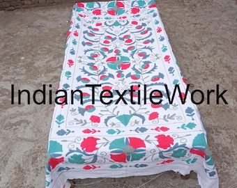 Handmade Suzani Throw Blanket: Indian Embroidered Cotton Bedspread