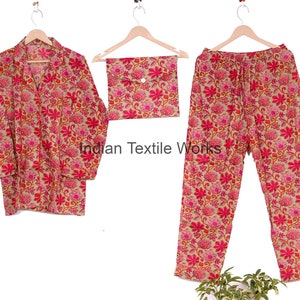 EXPRESS DELIVERY New Hand Block Print Pyjamas/ Floral Pure Cotton P J Set, Pijamas Set,Night Wear, Soft Cotton Night Suit- Gift for her