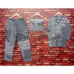 Conjunto de pijama de algodón indio, conjunto de pijama de algodón puro con estampado de bloques, pijama con estampado de patchwork, pijama de dama de honor, pijama con cuello en V unisex