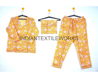 EXPRESS DELIVERY New Hand Block Print Pyjamas/ Floral Pure Cotton PJ Set, Pyjamas Set,Night Wear, Soft Cotton Night Suit- Gift for her