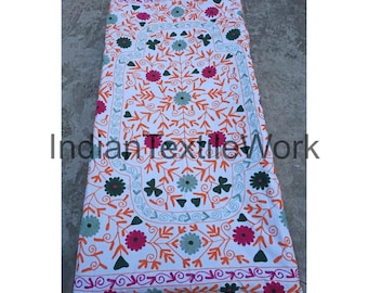 Floral Suzani Bedspread: Embroidered Indian Cotton Throw Blanket
