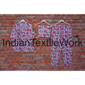Indian PJ Set Cotton Block Print Pajama Set, Night Wear Cotton Dress, Bridesmaid Pajama Set, Women Pajamas Set Cotton Pants Shirt Sets