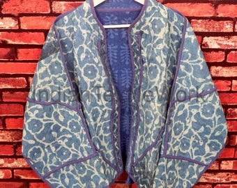 Vintage Kantha Patchwork Jacket Indian Bagru Cotton Coat One Size Women