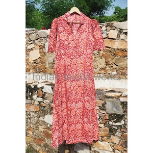 Indian Block Printed Cotton Midi Dress: Floral Summer Party Wear
