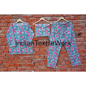 Block Print Cotton Pajama Set: Indian Floral Sleepwear