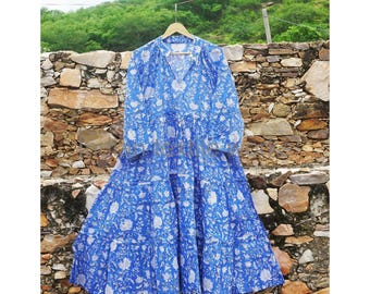 Block Print Cotton Maxi Dress: Indian Floral A-Line, 3/4 Sleeve