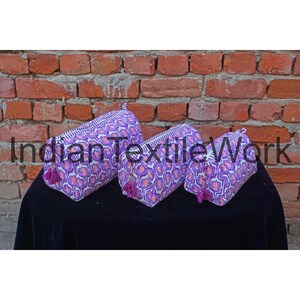 Cosmetic Pouch, Travel Bag, Set Of 3 Pieces, Indian New Printed Toiletry Bag, Cotton Vanity Bag Eco-friendly Bag Set, Cotton Bag Set For Her