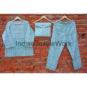 Floral Print PJ Set, Block Print Cotton Pajama Set, Summer Wear Pajama Set, Women Shirt And Pant With Bag, Ladies Sleepwear Pajama Set