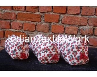 Quilted Makeup Bag Set: Indian Block Print Cotton Toiletry Pouches