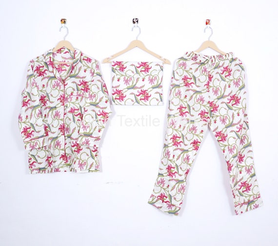 Womens Hand Block Printed Cotton Pajama Set Flower Design Sleepwear Indian  Dress | eBay