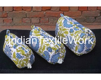 Floral Block Print Toiletry Bag Set: Waterproof Quilted Cosmetic Pouches