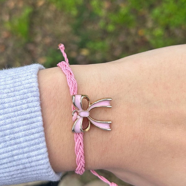 Coquette Pink Bow Waxed String Charm Bracelet Adjustable