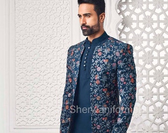 Madhu Couture Ethnic Blue Jodhpuri Indo Western Ethnic Kurta Pajama with open Indo-western Man and Kurta Pajama Sherwani Set for Groom.