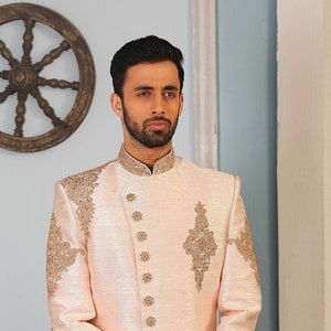 Pink Groom Sherwani for Men Wedding Outfit Ethnic Partywear Indian Pakistani Traditional Handmade Embroidered Sherwani Free Size Pajama men